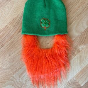 Green Beanie with Orange Faux Beard and Clover Patch